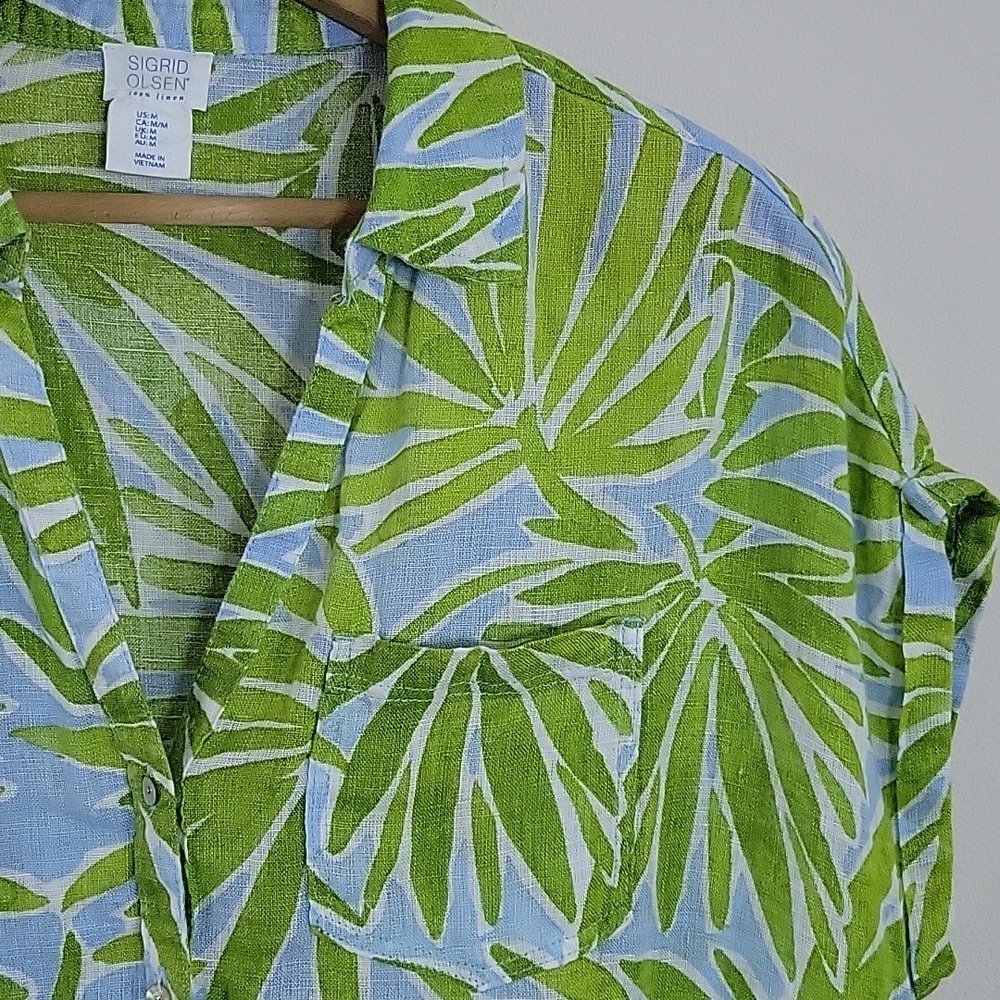 Sigrid Olsen Green Leaf Print Linen Boxy Button Down Size Medium - Picture 2 of 5